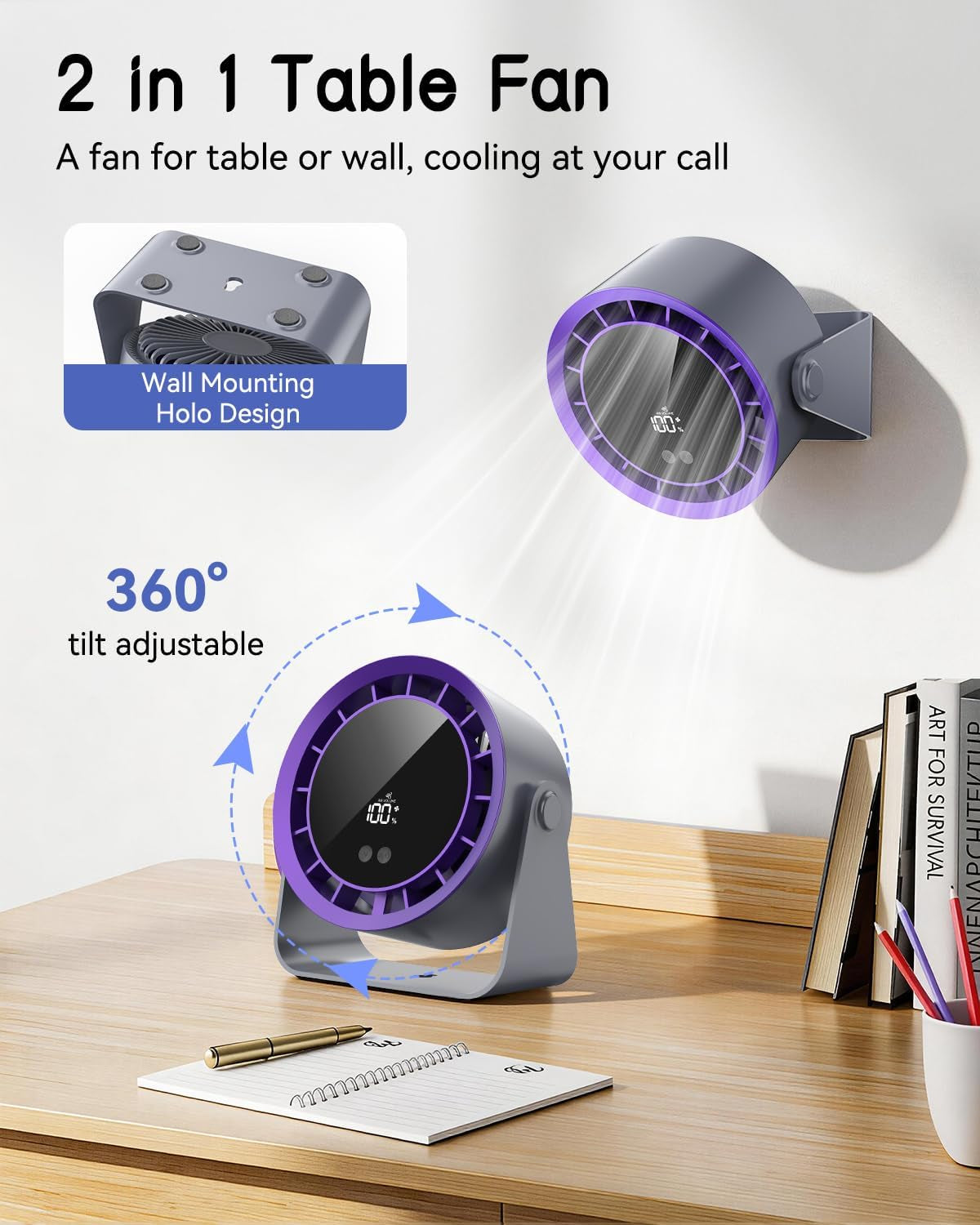 Desk Fan, 7 Inch Powerful Portable Table Fan with 100 Speeds Ultra Quiet, LED Display Touch Control, 360° Tilt, USB-C Rechargeable 3600Mah Battery for Bedroom Dorm Office Kitchen