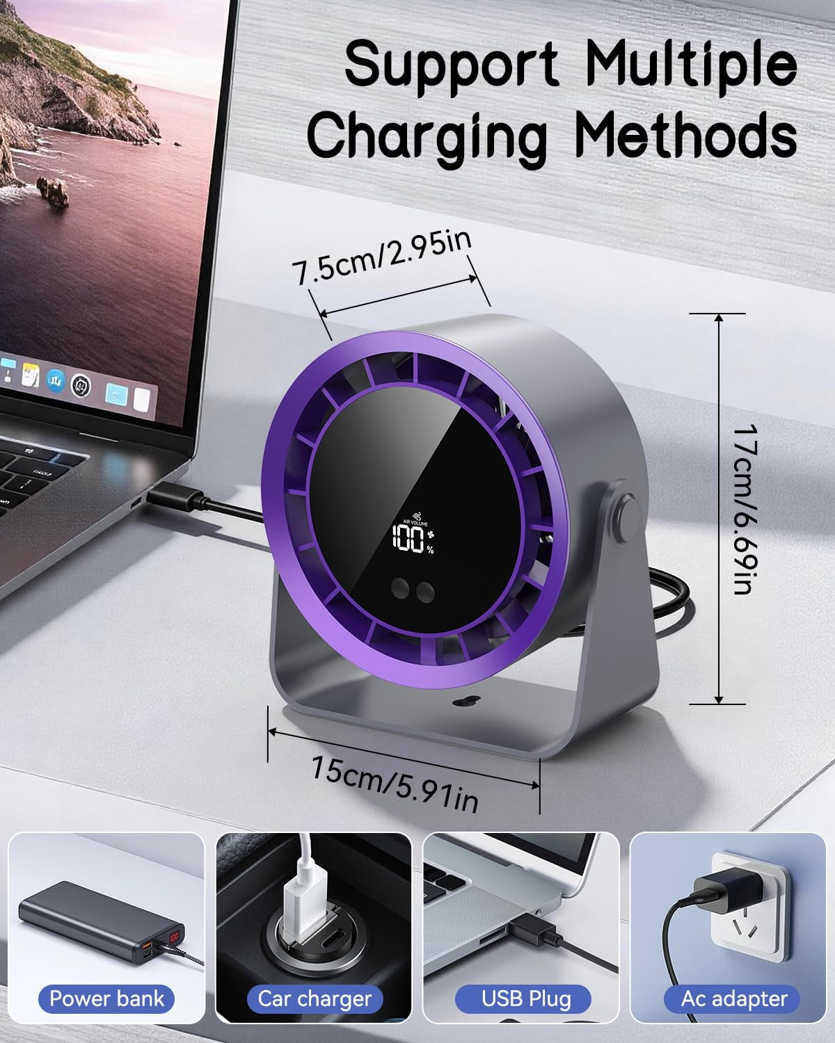 Desk Fan, 7 Inch Powerful Portable Table Fan with 100 Speeds Ultra Quiet, LED Display Touch Control, 360° Tilt, USB-C Rechargeable 3600Mah Battery for Bedroom Dorm Office Kitchen