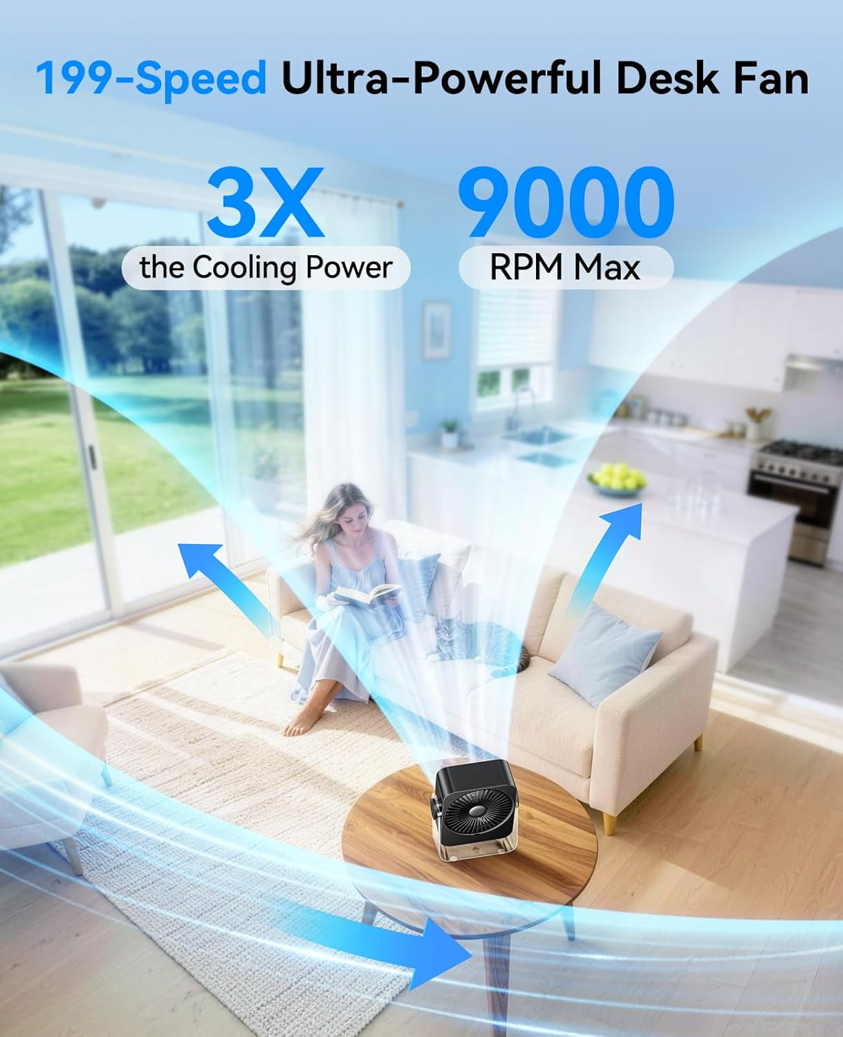 USB Rechargeable Desk Fan - 199 Speeds Portable Table Fan with Ice Cooling & Digital Display, 270° Rotating Quiet Turbo Fan for Bedroom, Home or Office (Black)